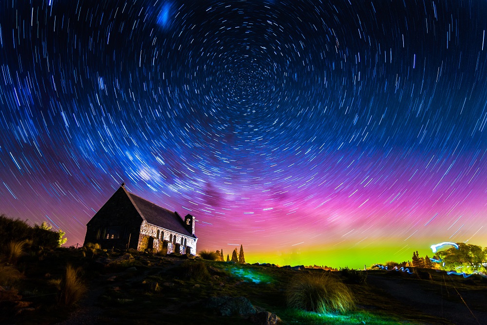 Star trails and Aurora light at Church of the Good Shepherd, Lake Tekapo, New Zealand